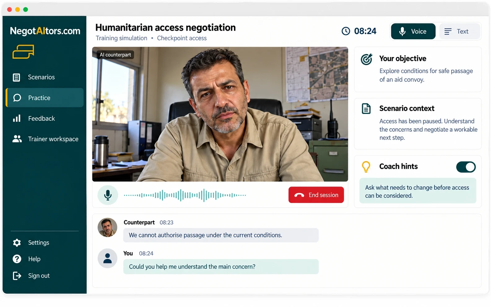 The training screen: an AI counterpart on video, the trainee's objective, scenario context, coach hints and a live transcript