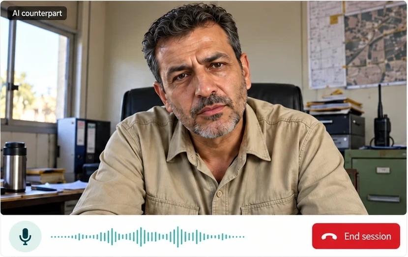 The AI counterpart on video with a microphone, a sound wave and an end-session button